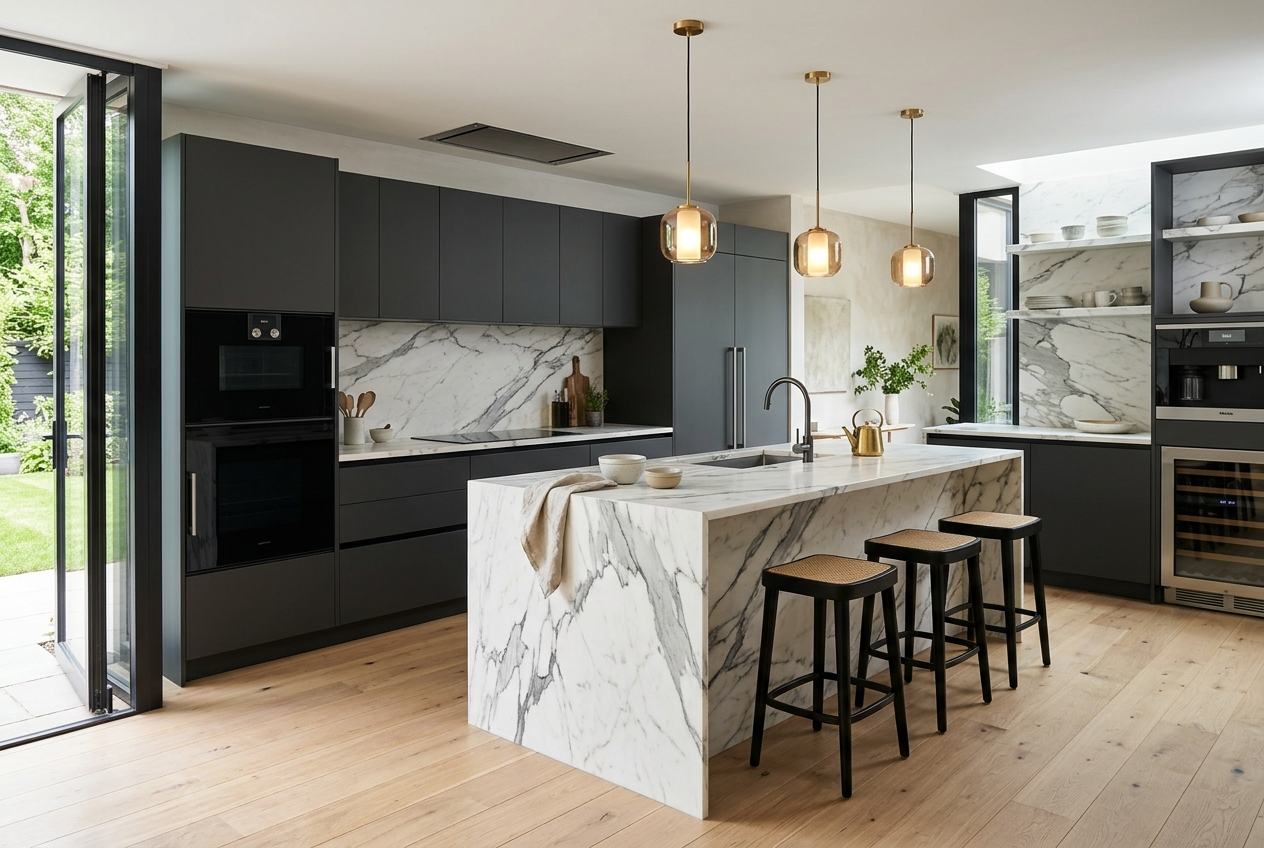 Cozinha gourmet minimalista com acabamento em mármore