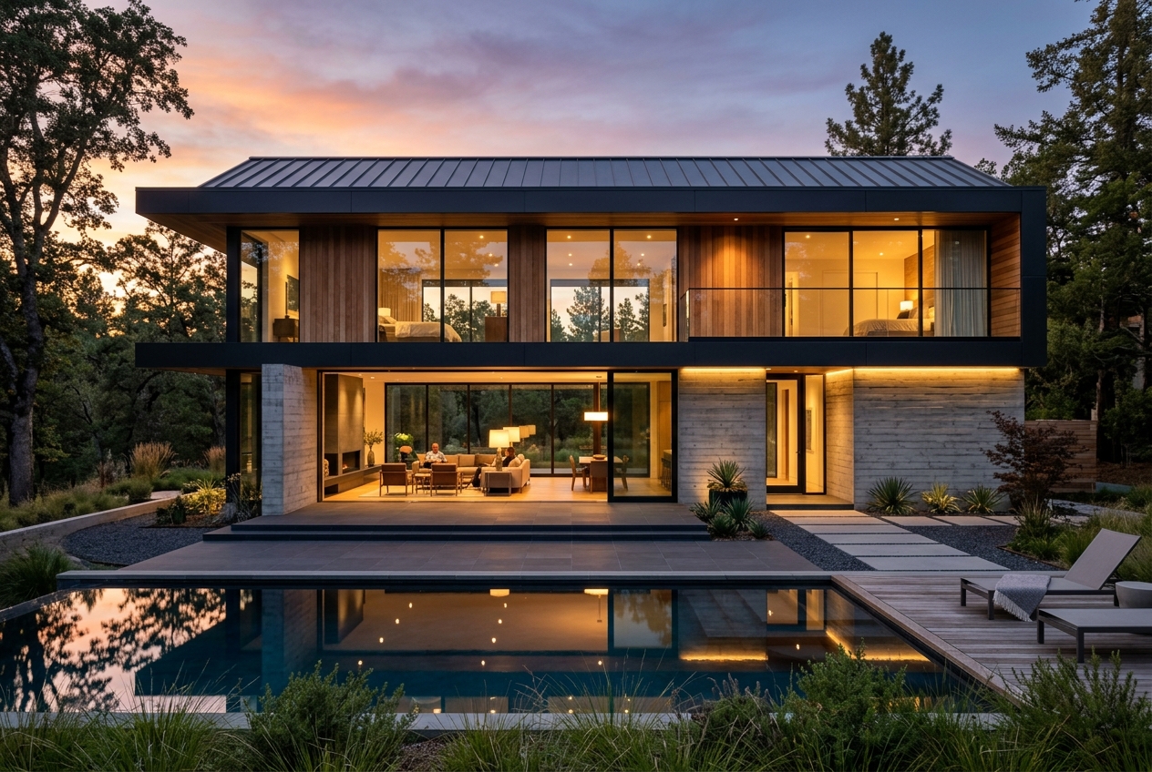 Fachada de residência contemporânea à noite com piscina